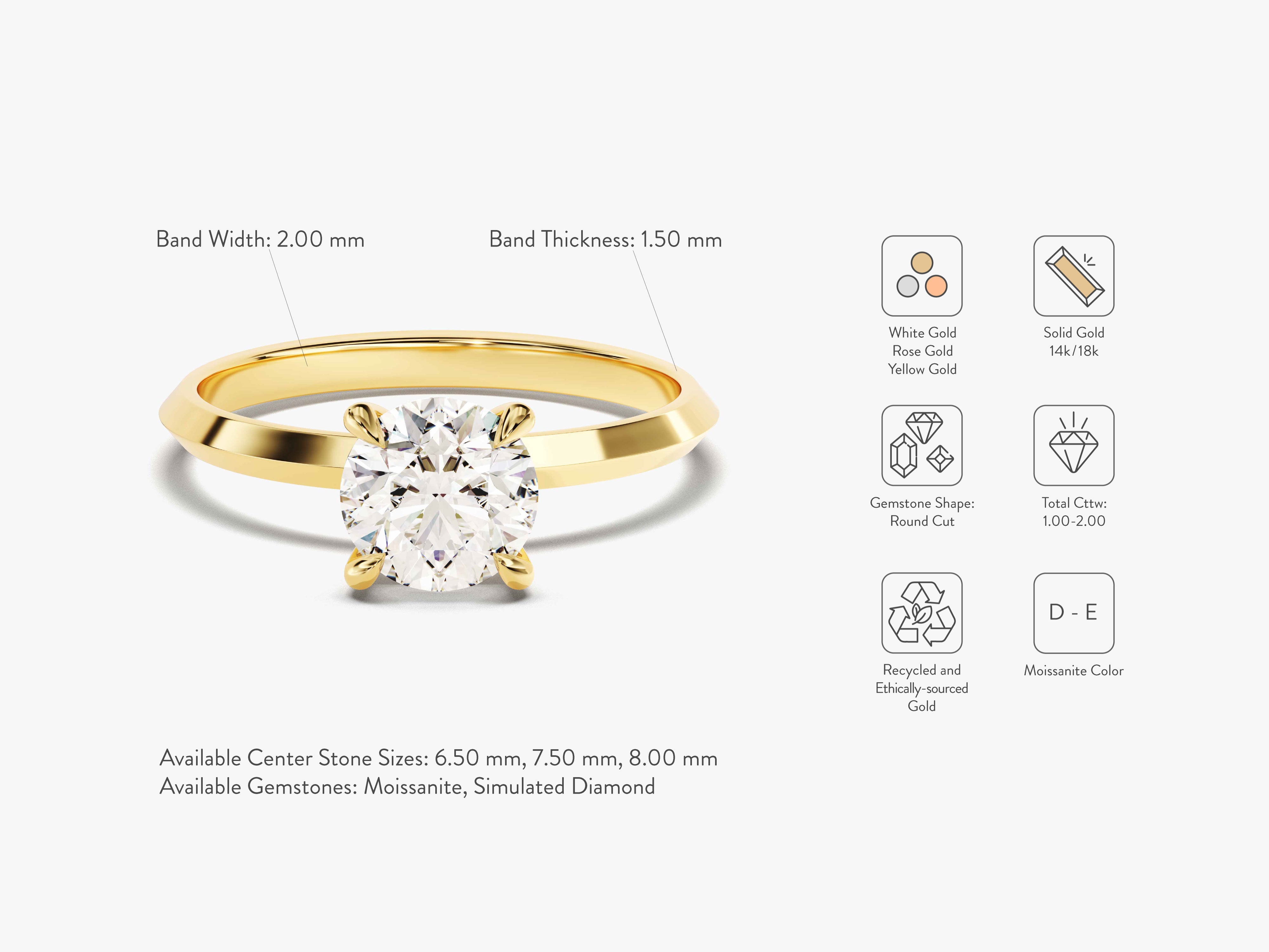 Gold engagement ring with round cut moissanite gemstone