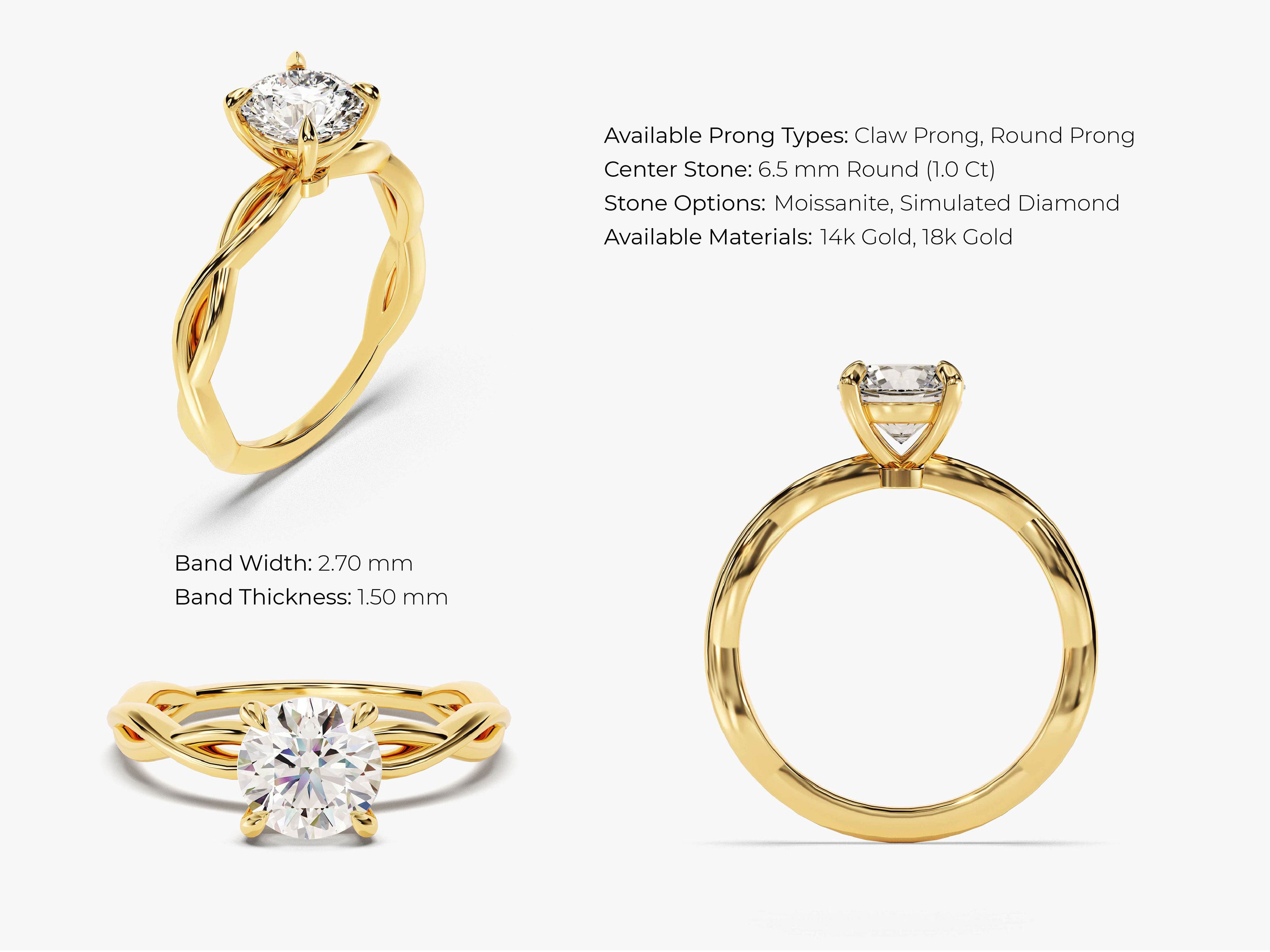 Gold twisted band engagement ring with round diamond center stone