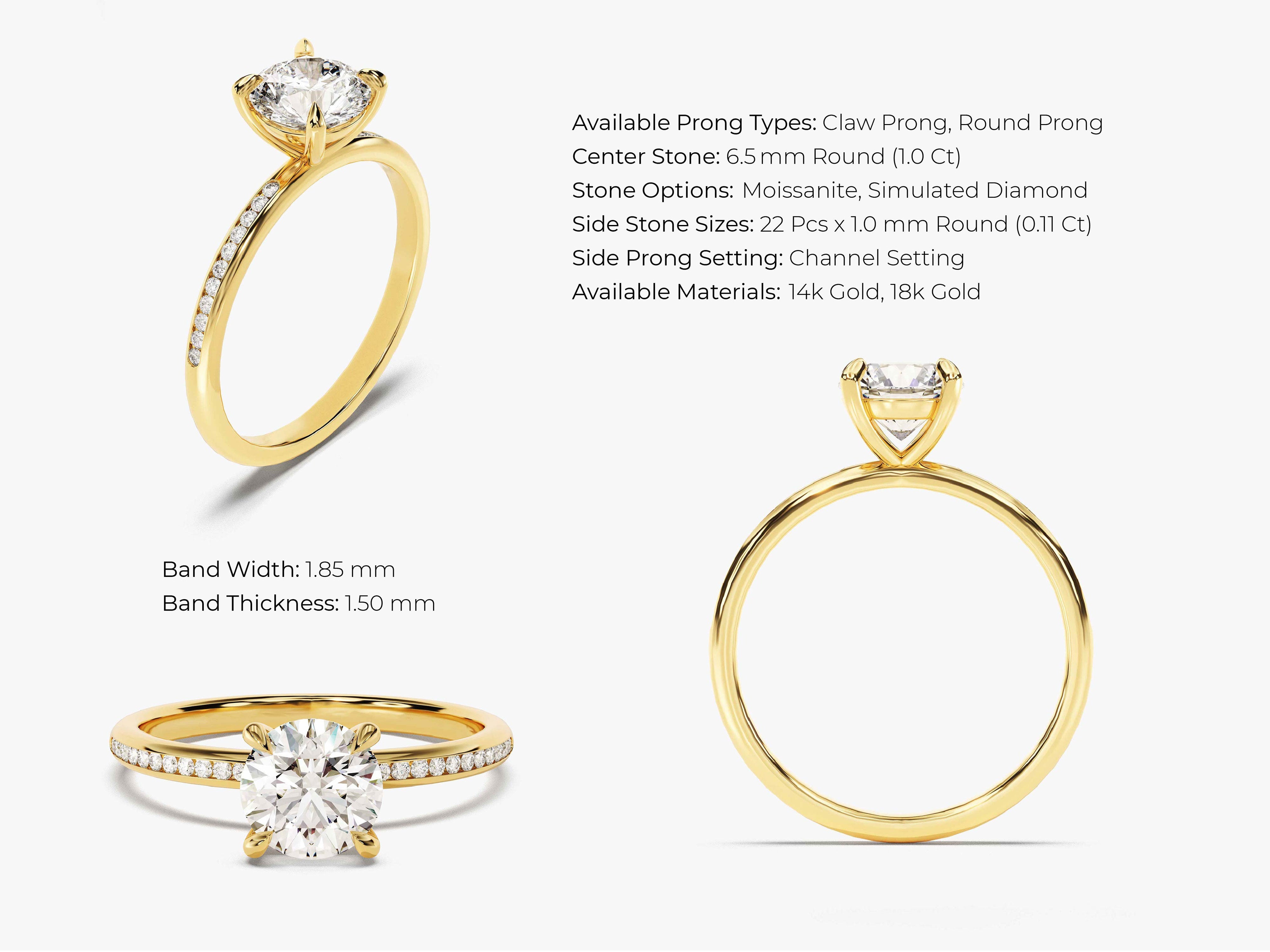 Gold diamond engagement ring with channel set side stones