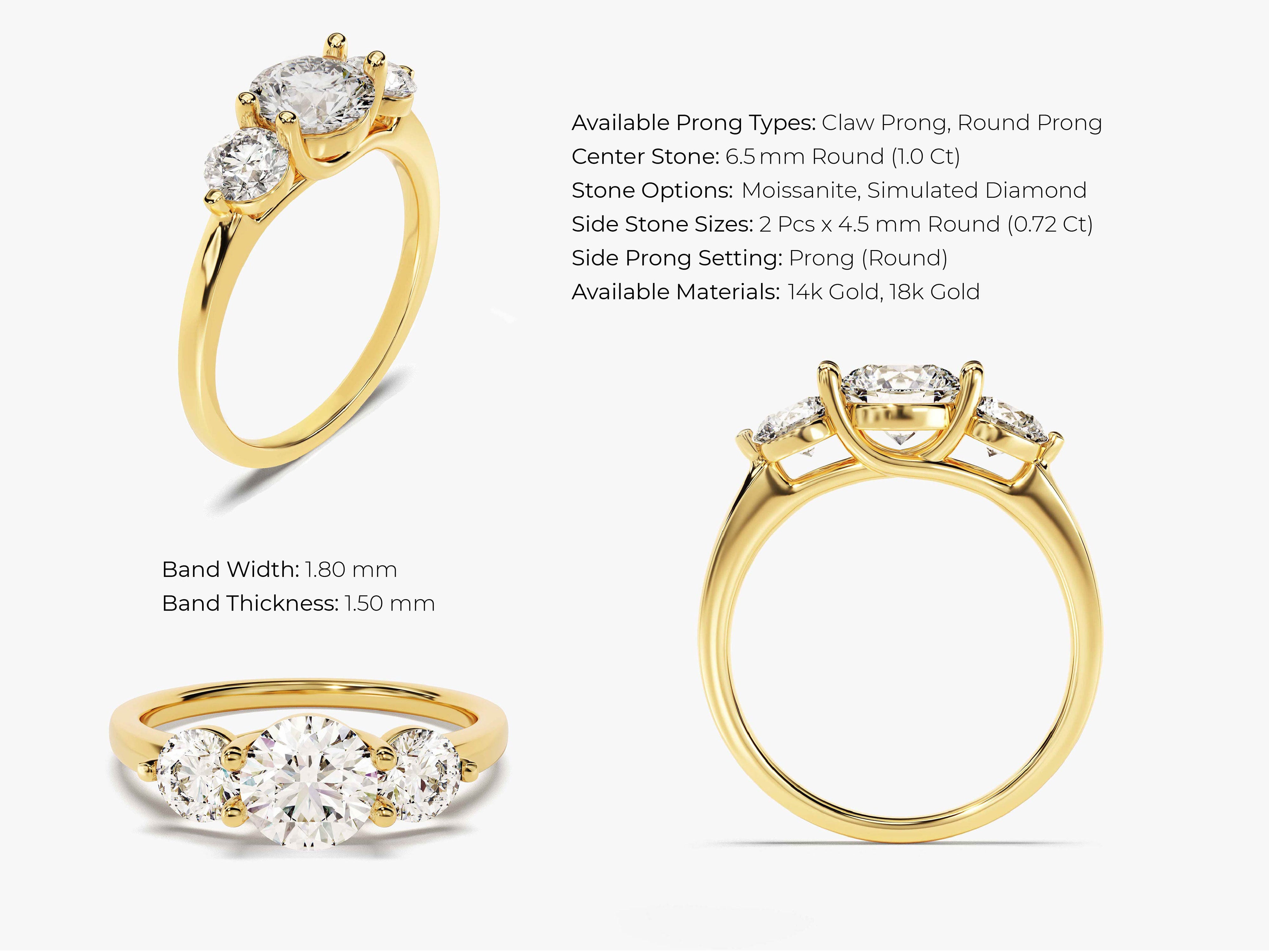 Three stone gold ring with round diamonds