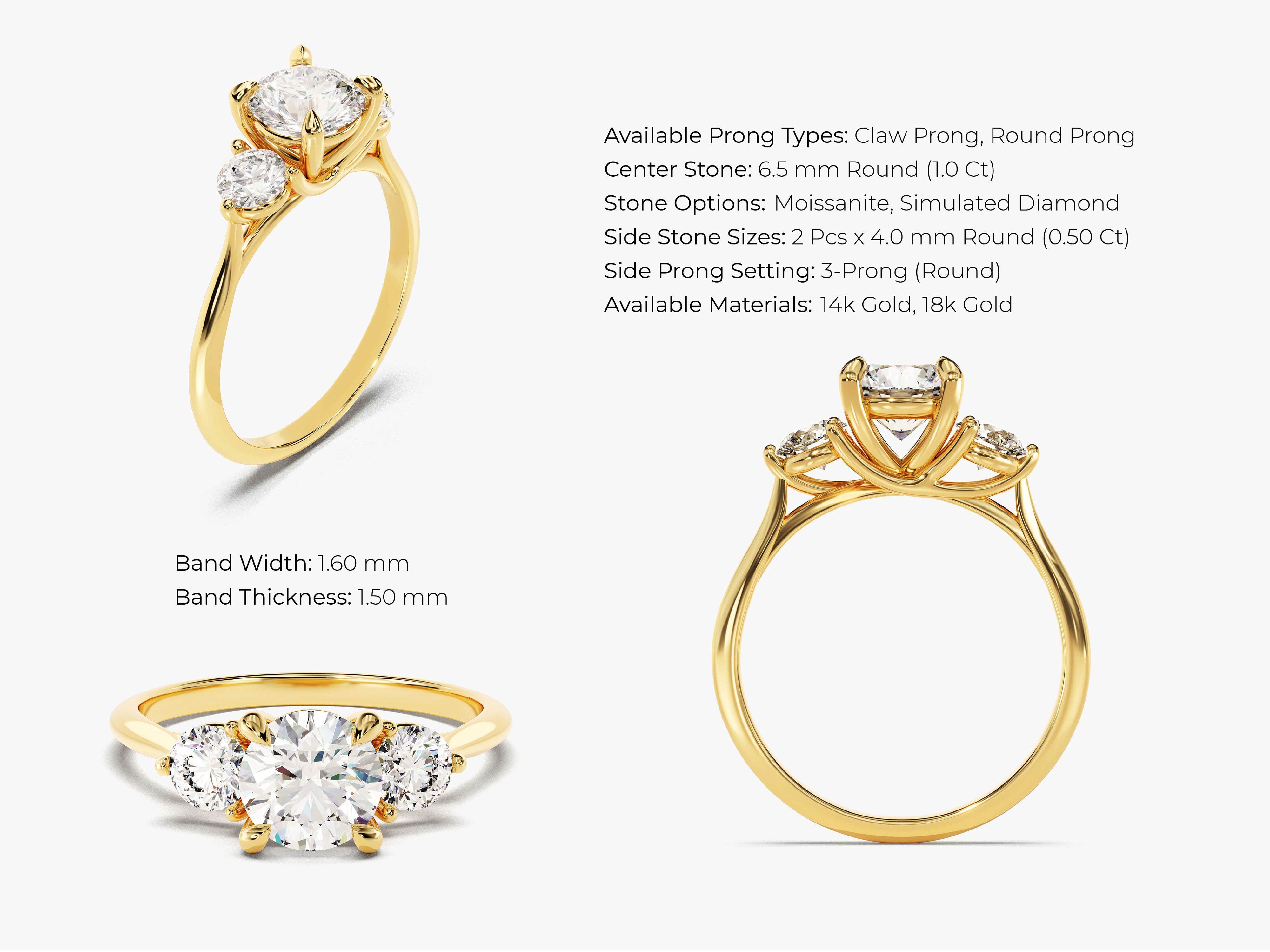 Gold three-stone engagement ring with round center diamond