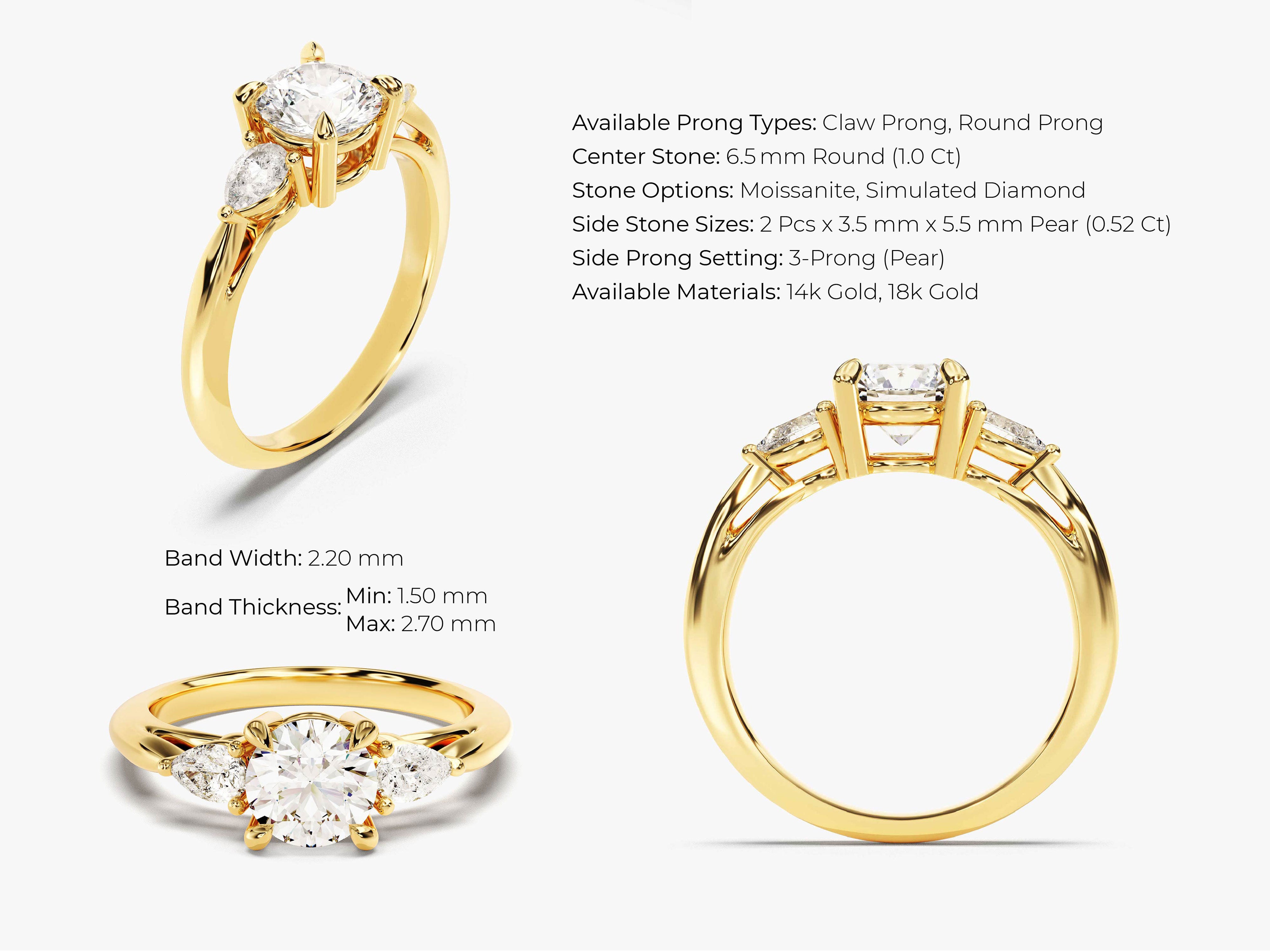 Gold three-stone engagement ring with pear-shaped side stones