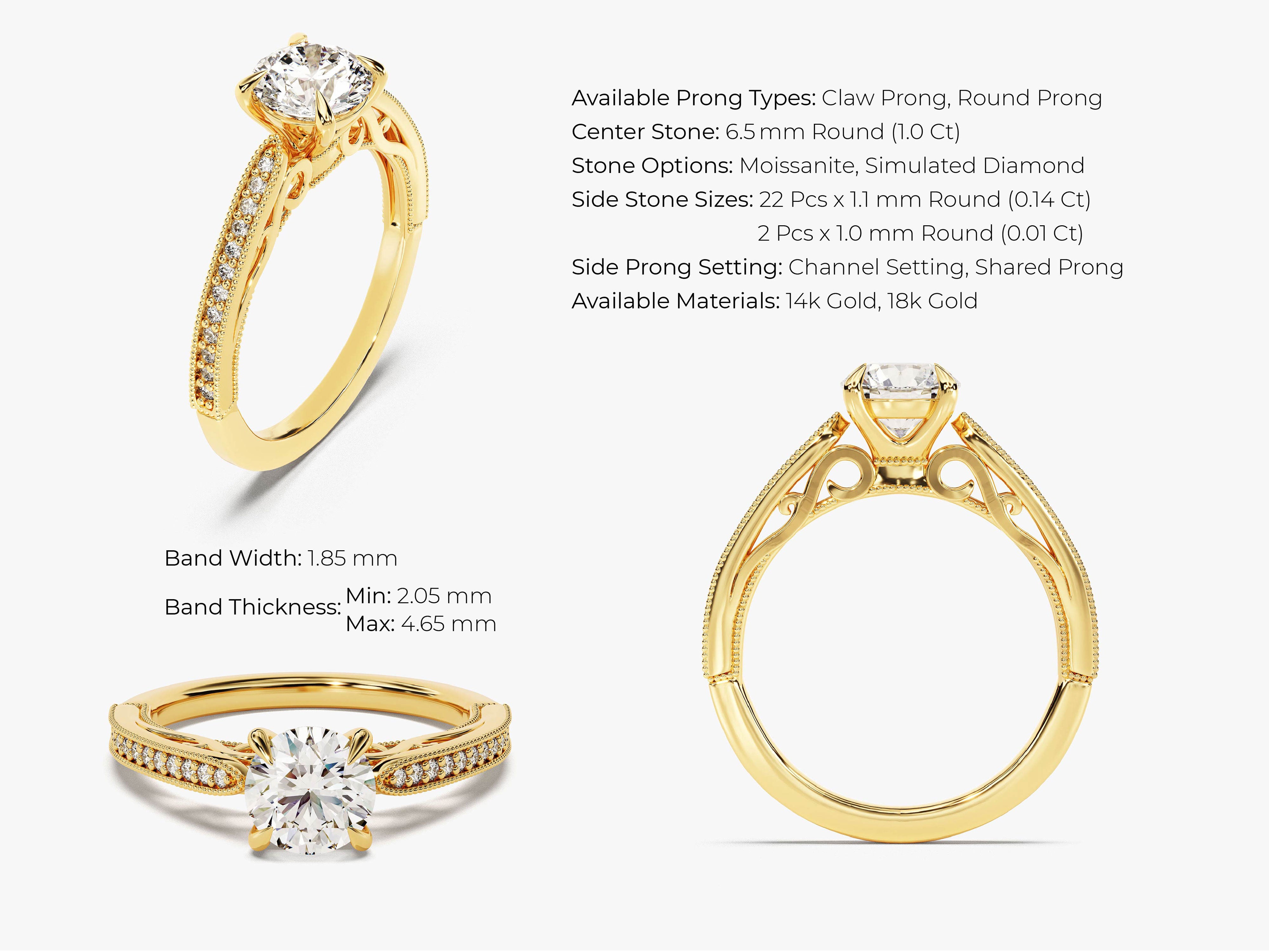 Gold diamond engagement ring with intricate band details