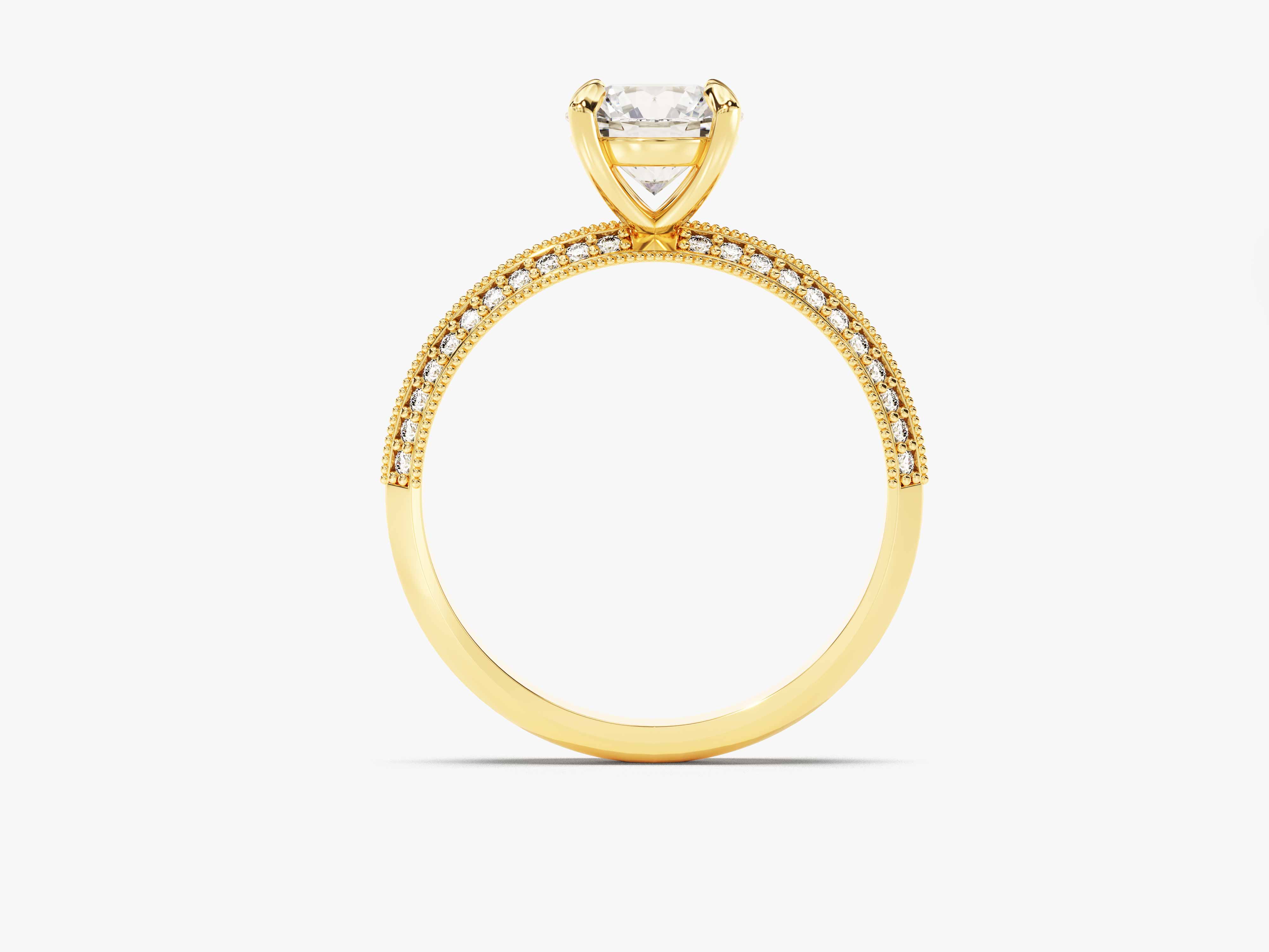 Gold diamond engagement ring with beaded band detail