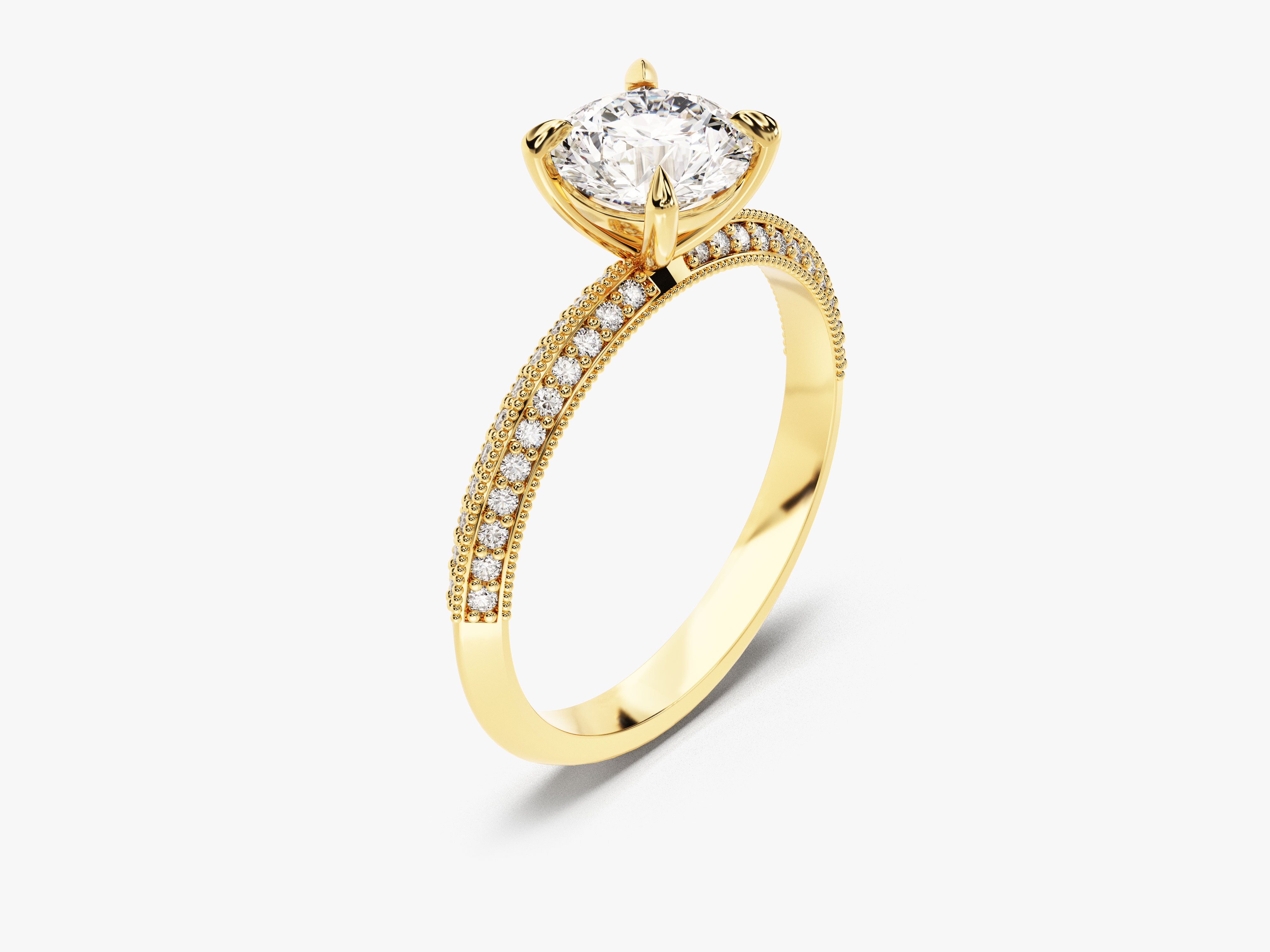 Gold diamond engagement ring with pave band