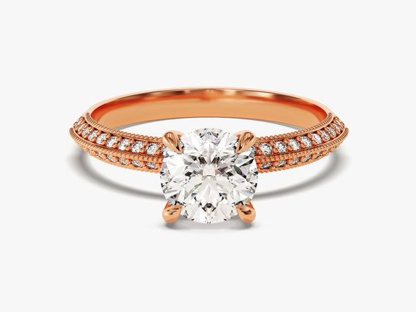 Rose gold diamond engagement ring with intricate band details