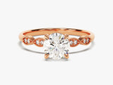 Round Cut Moissanite Engagement Ring with Milgrain Accented Double Round Sidestones (1.00 CT)