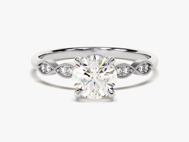 Round Cut Lab Grown Diamond Engagement Ring with Milgrain Accented Double Round Sidestones (1.00 CT)