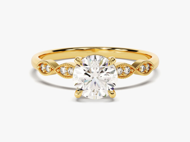 Round Cut Moissanite Engagement Ring with Milgrain Accented Double Round Sidestones (1.00 CT)