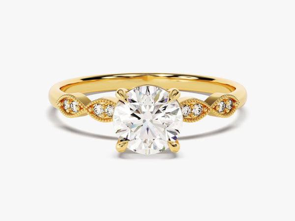 Round Cut Diamond Engagement Ring with Milgrain Accented Double Round Sidestones (1.00 CT)