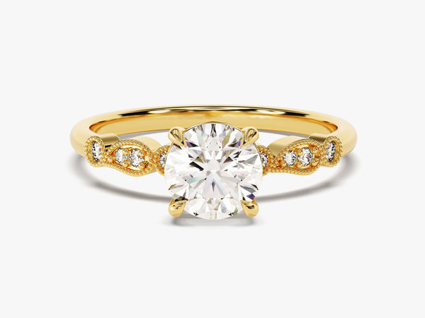 Round Cut Lab Grown Diamond Engagement Ring with Wave Sidestones (1.00 CT)