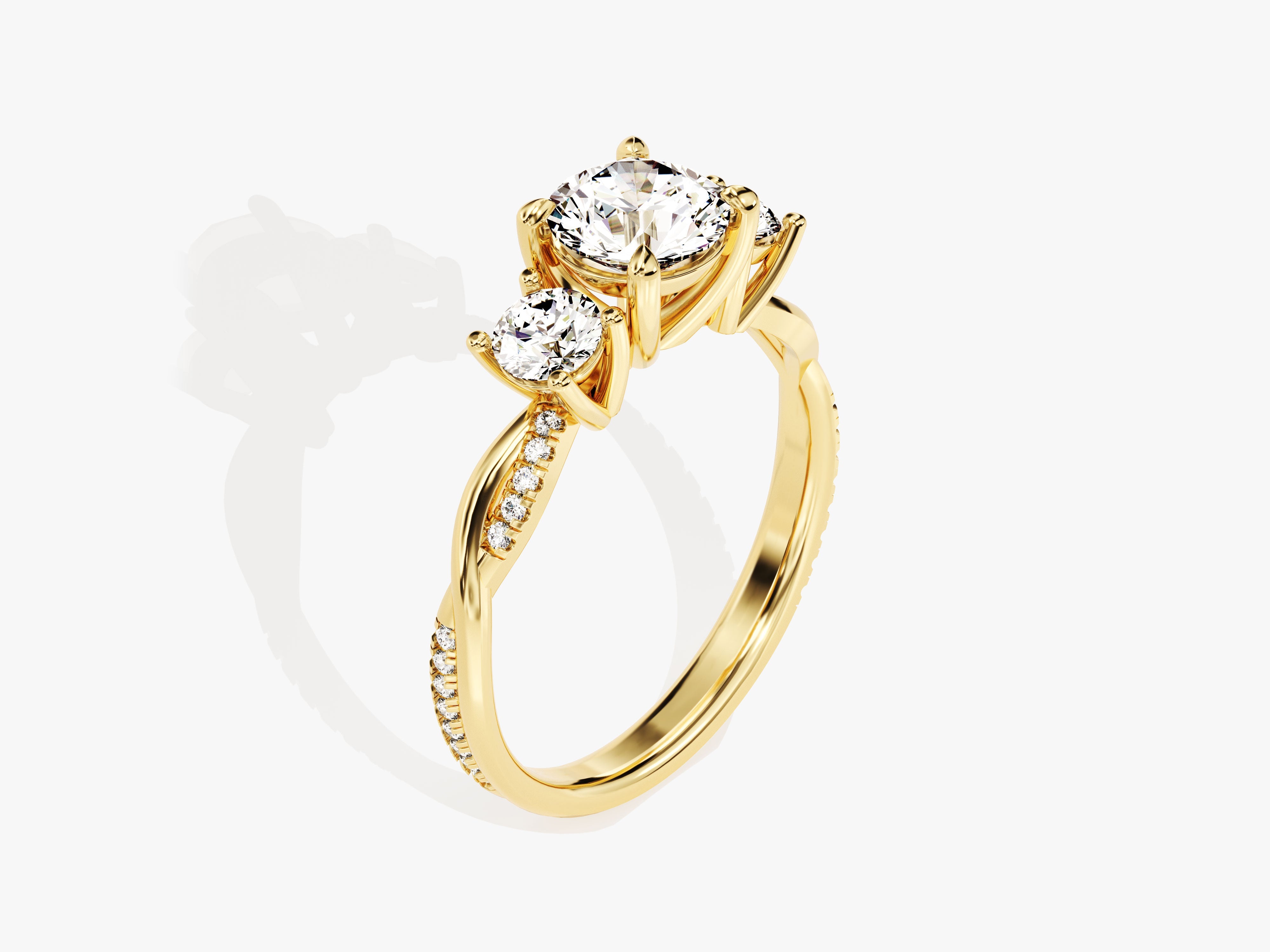 Gold diamond engagement ring with twisted band and accent stones