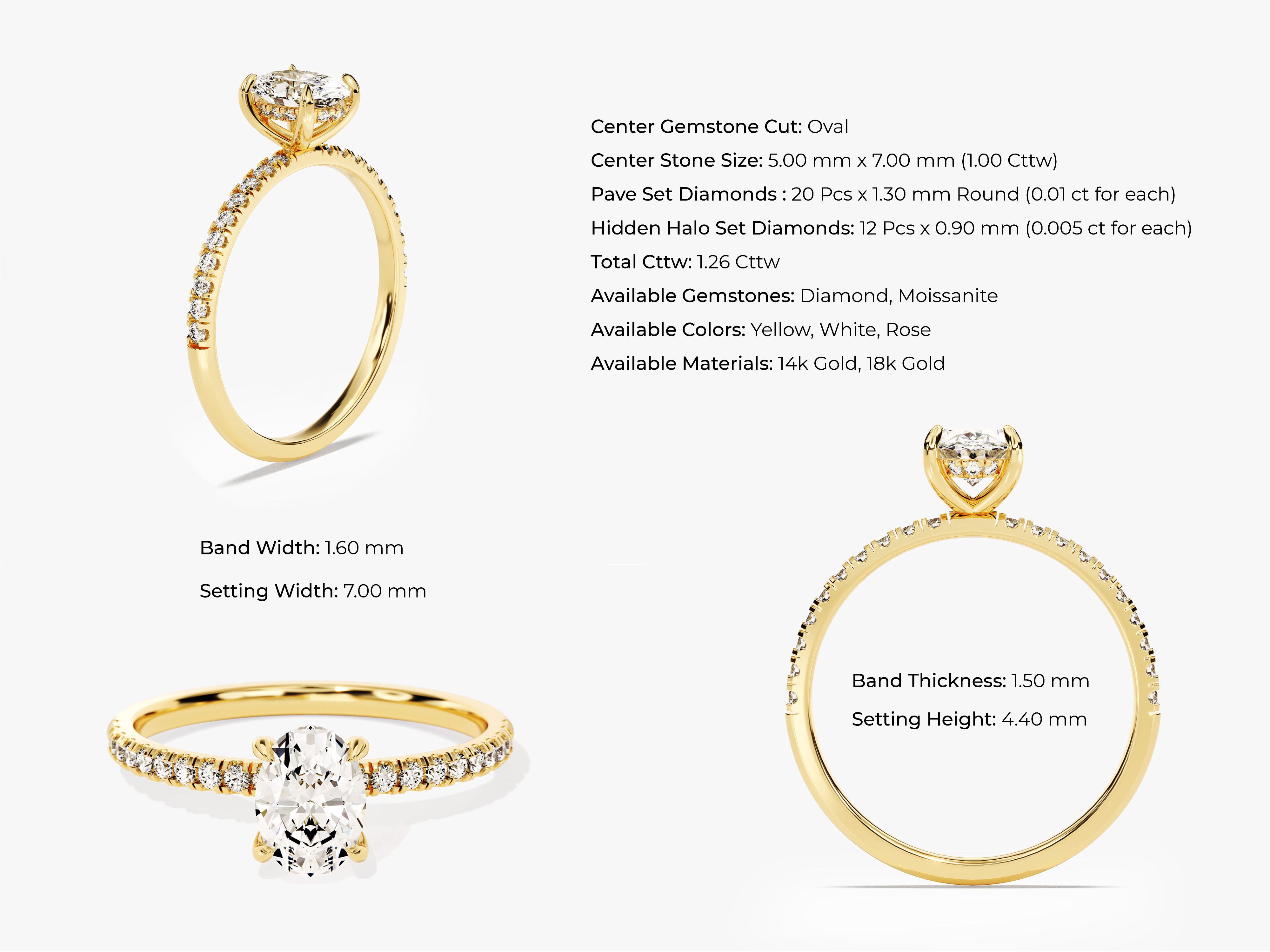 Oval diamond engagement ring with pave band in yellow gold