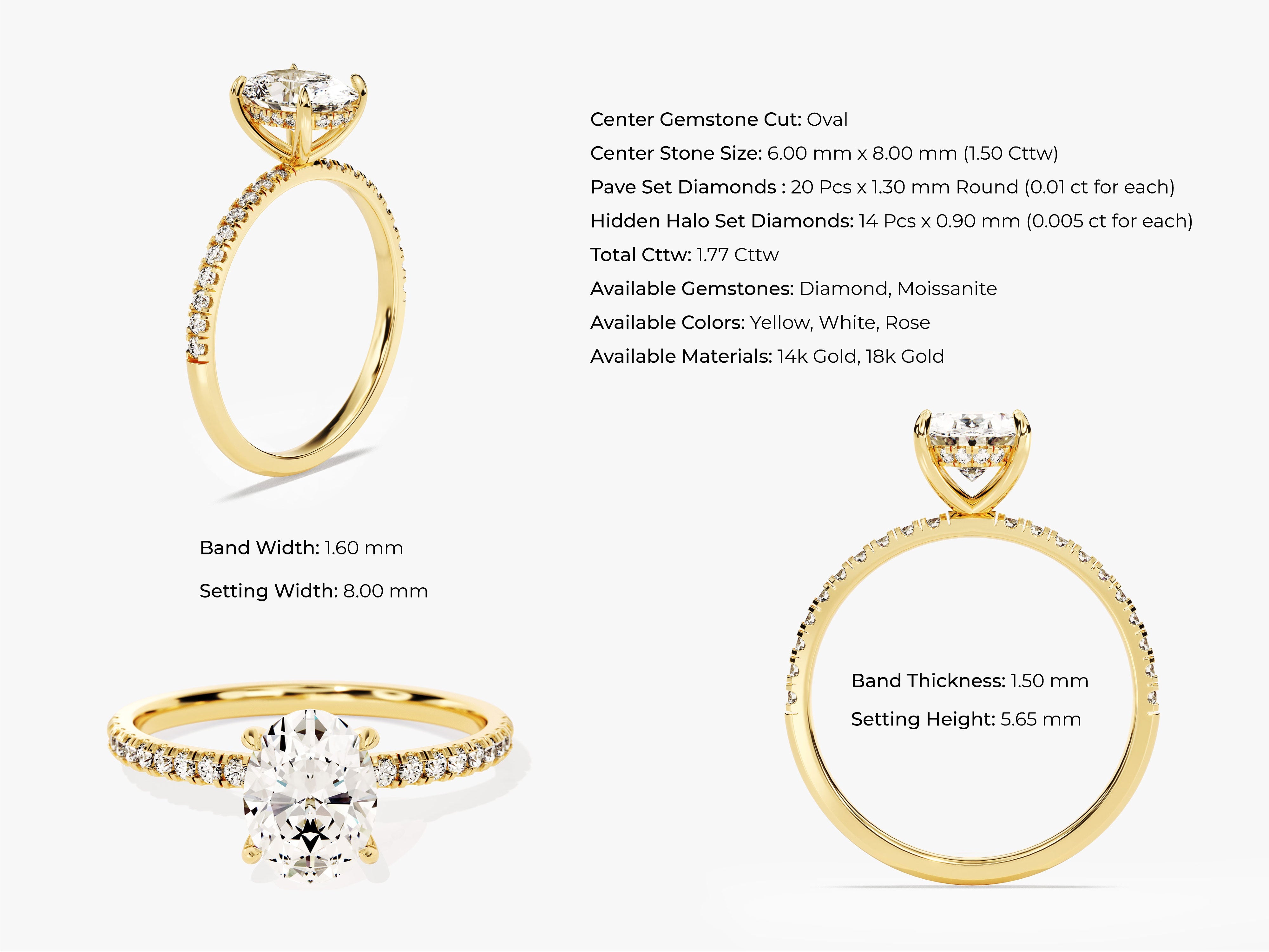 Oval diamond engagement ring with pave band in yellow gold