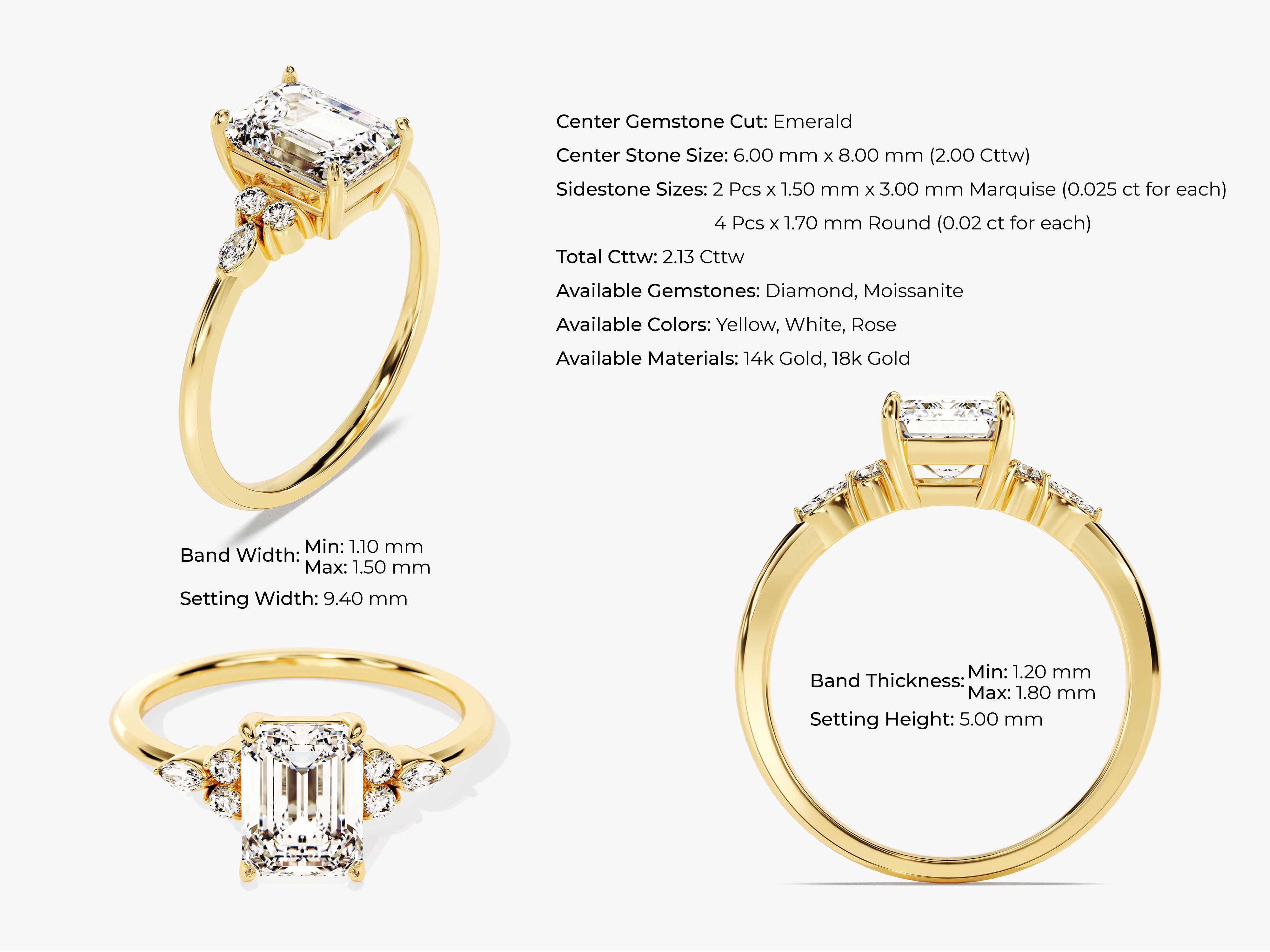 Emerald cut diamond ring in yellow gold with side stones