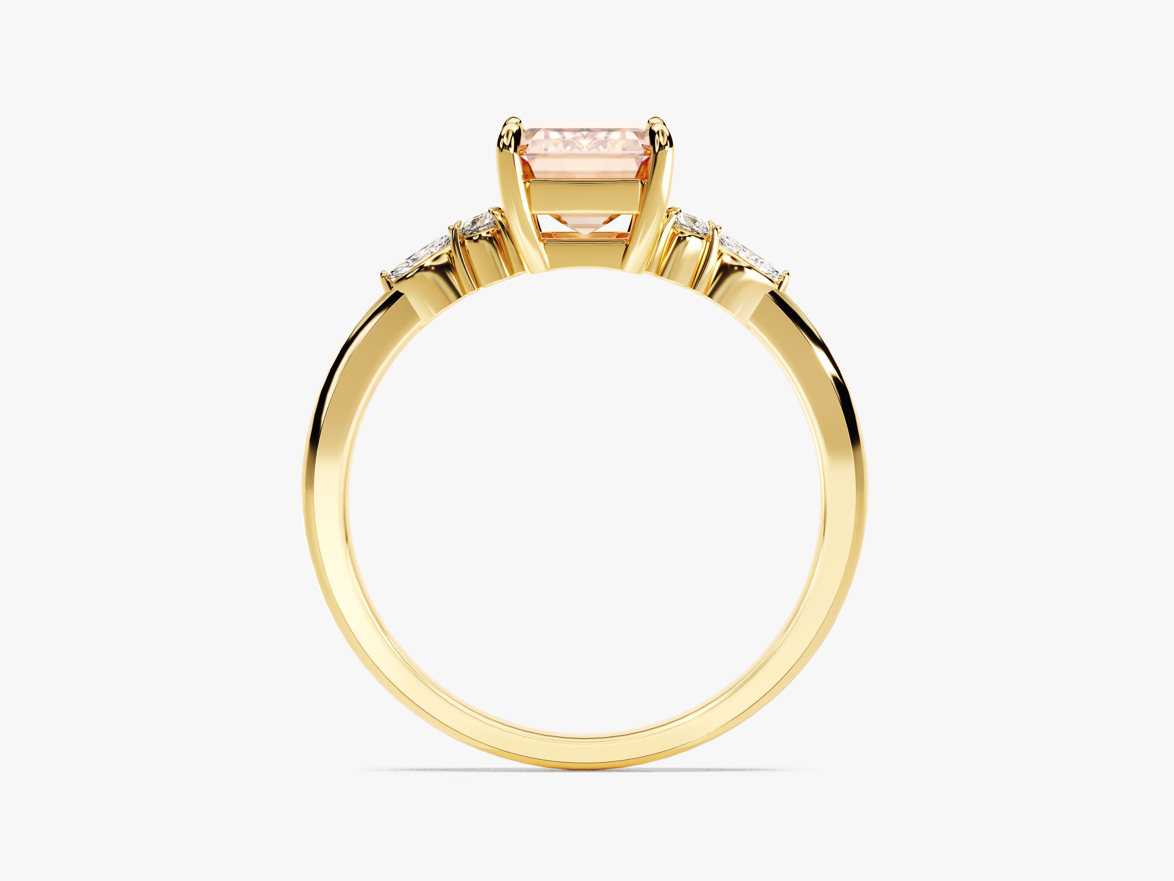 Emerald Cut Peach Morganite Engagement Ring with Round and Marquise Sidestones