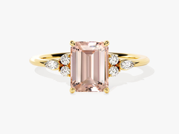 Emerald Cut Peach Morganite Engagement Ring with Round and Marquise Sidestones