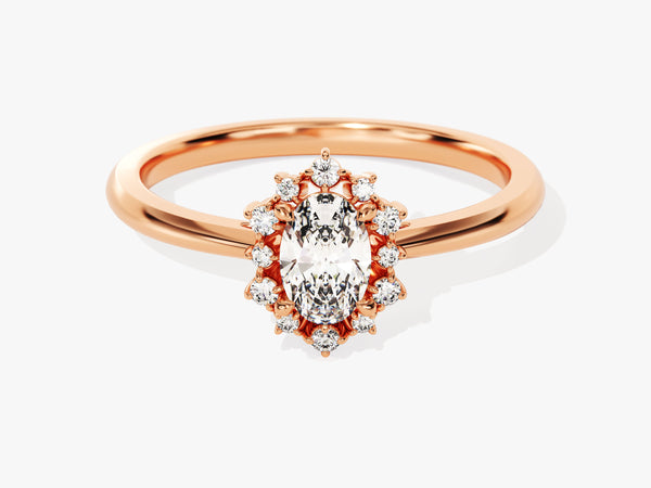 Rose gold oval diamond halo engagement ring