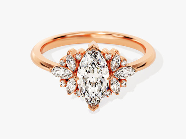 Rose gold marquise diamond engagement ring with halo
