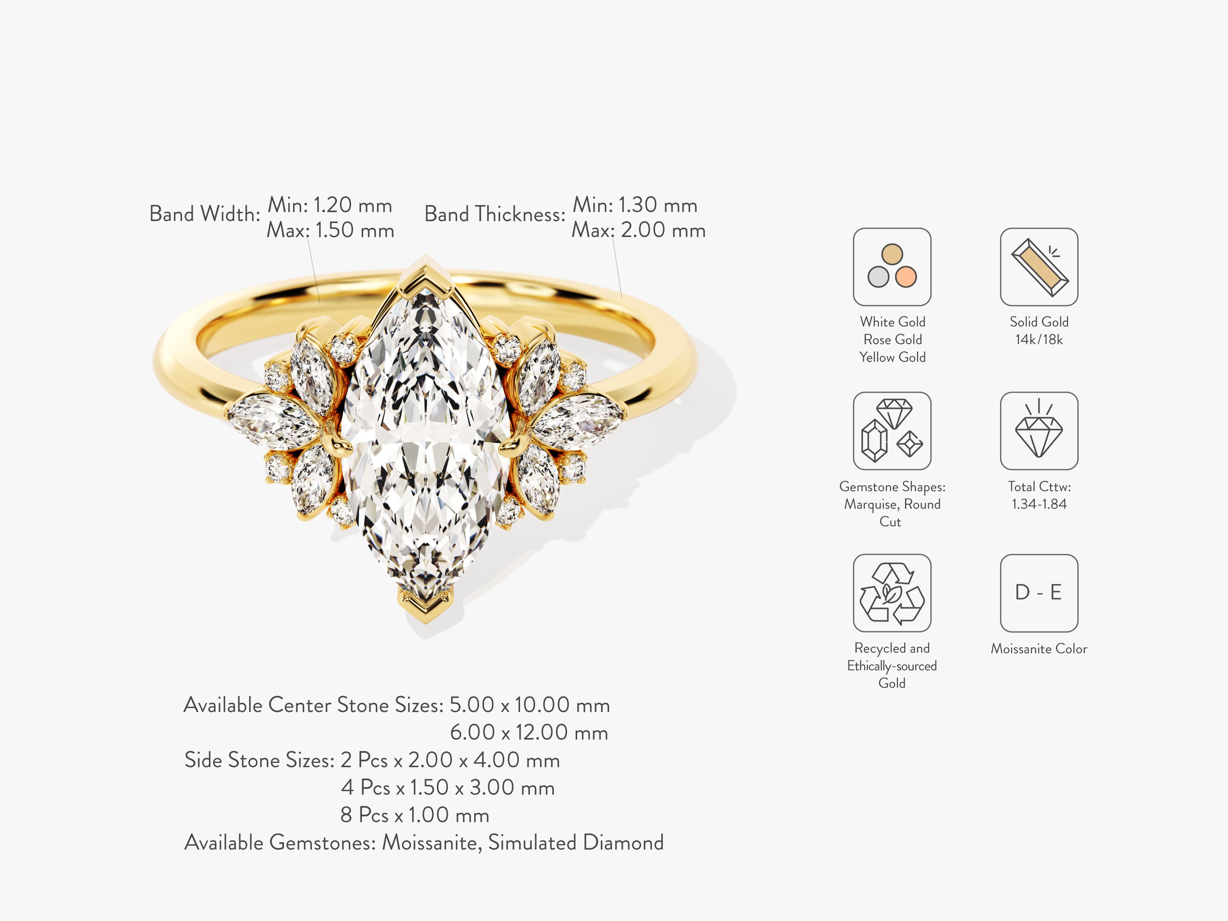 Marquise diamond engagement ring with floral halo, yellow gold