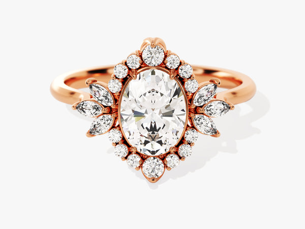 Rose gold oval diamond engagement ring with halo setting
