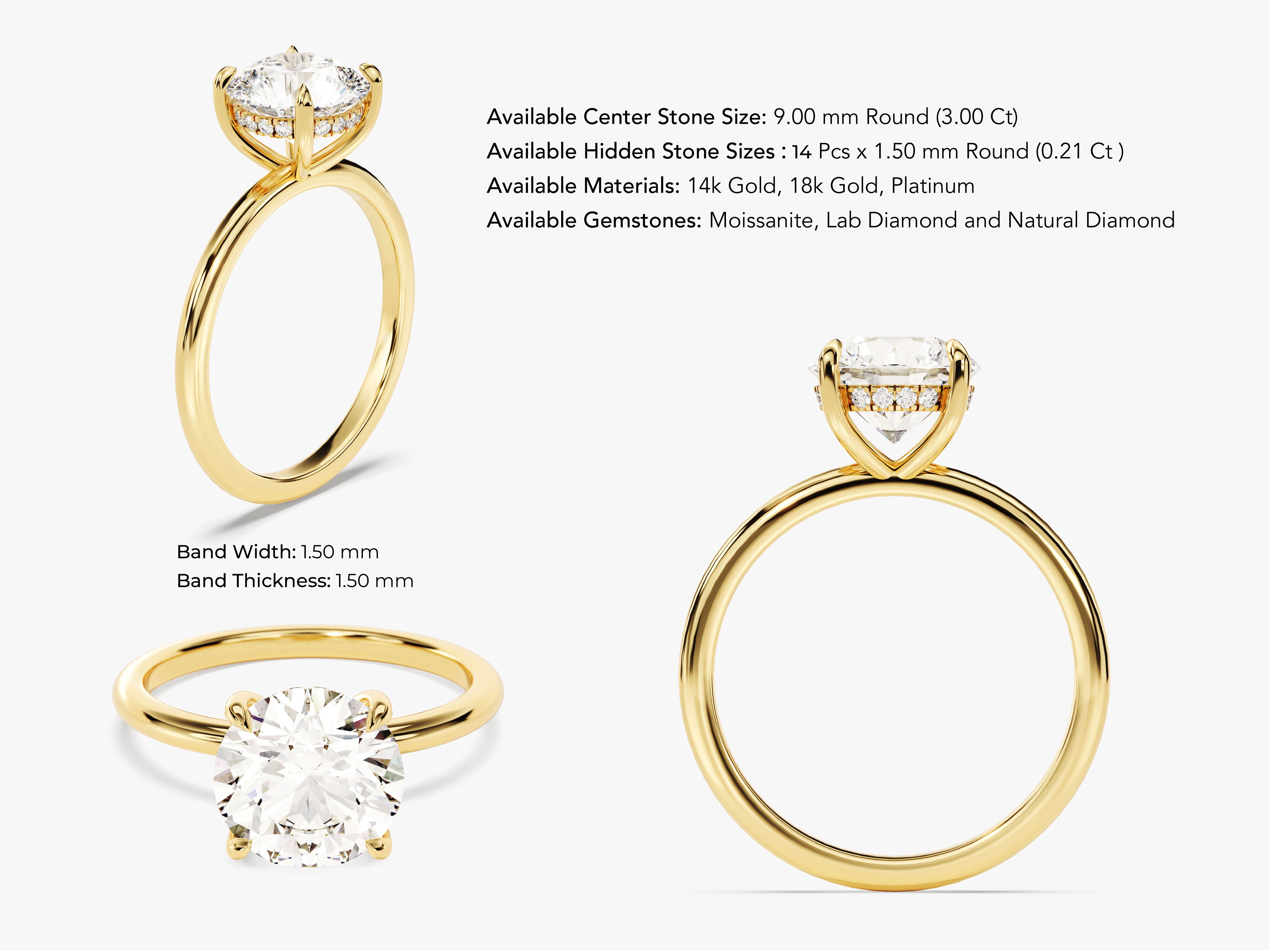 Gold diamond engagement ring with hidden halo detail