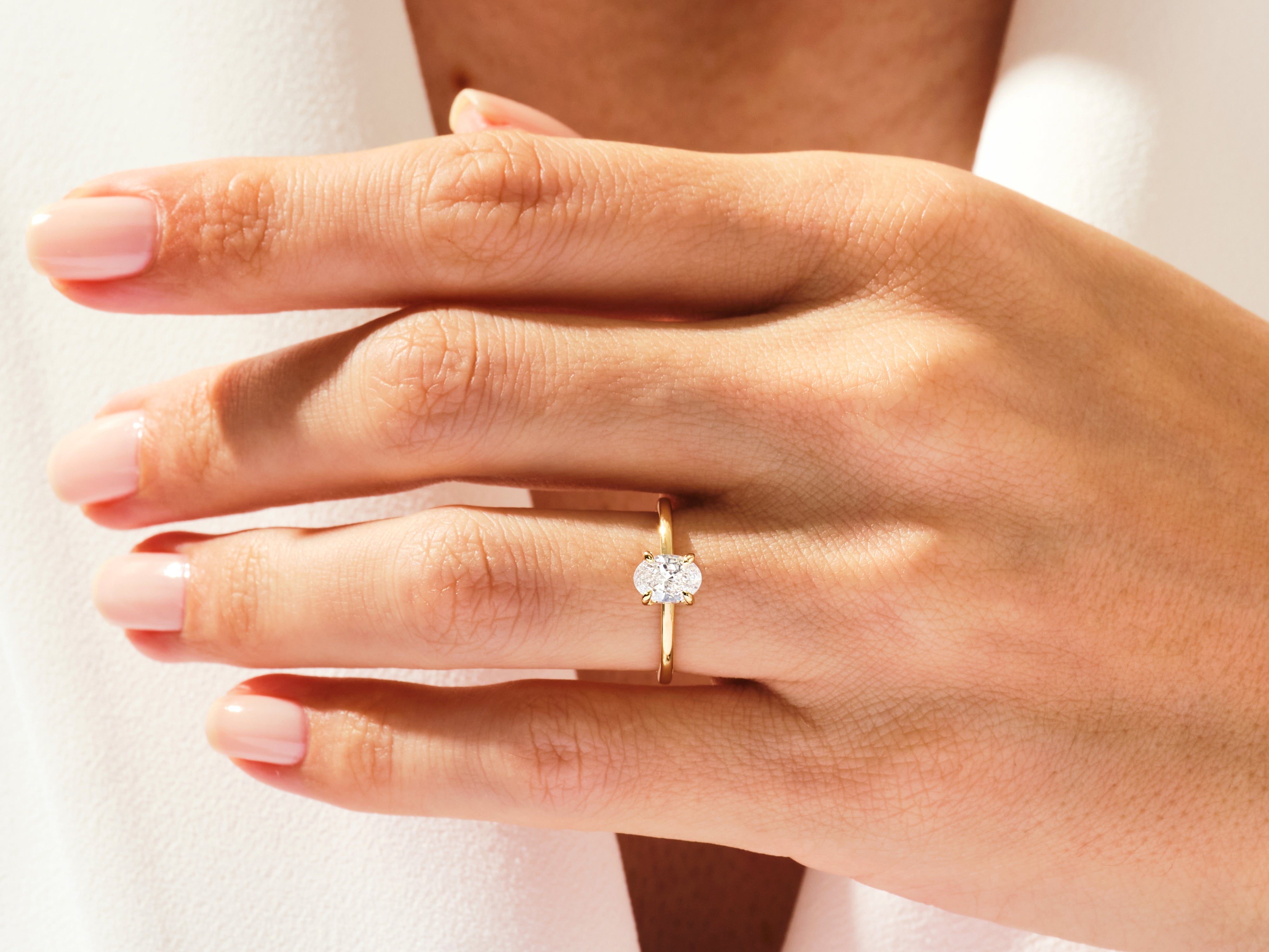 Oval diamond engagement ring on a woman's hand