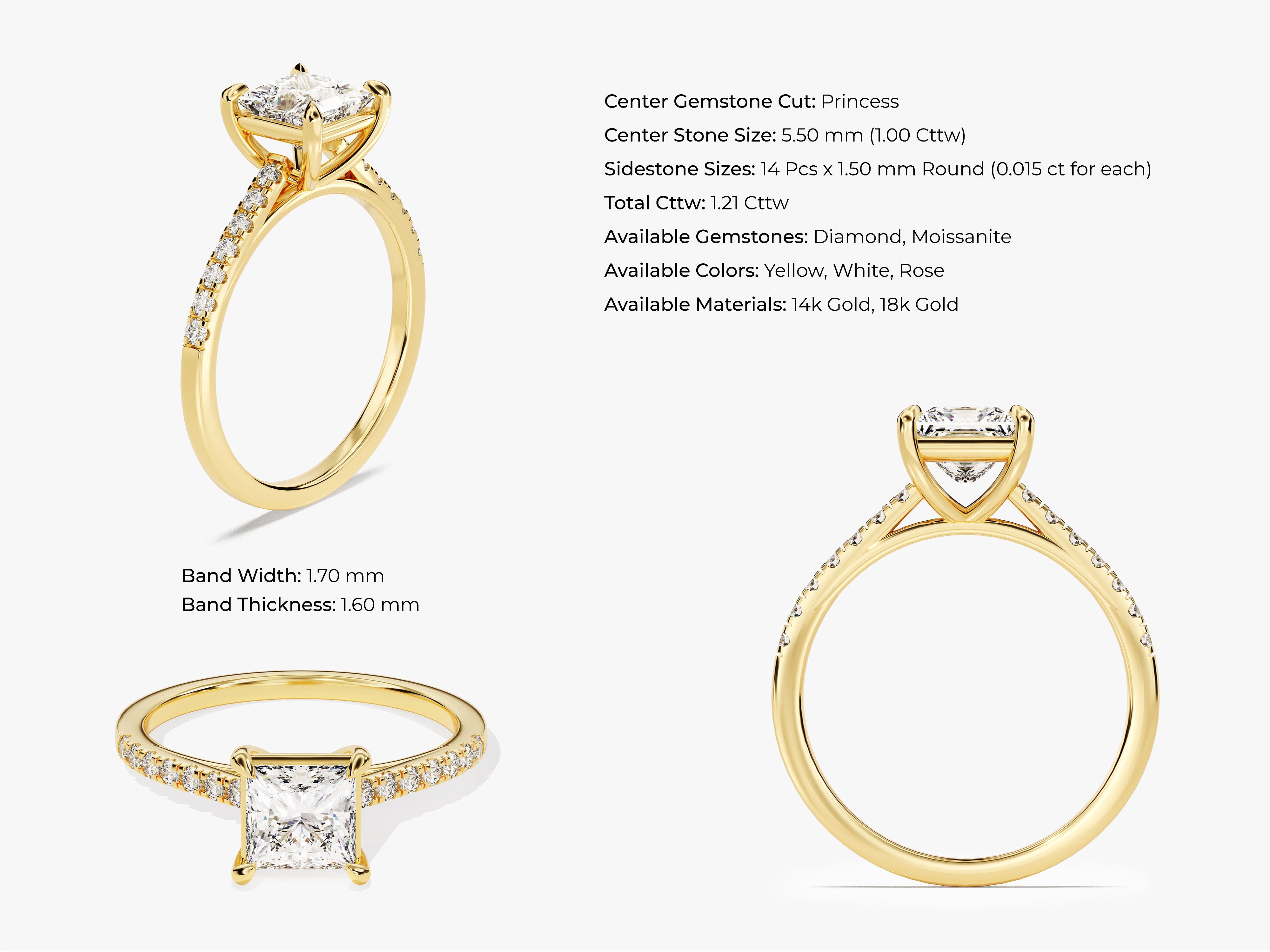 Princess Cut Lab Grown Diamond Engagement Ring with Pave Set Side Stones (1.00 CT)