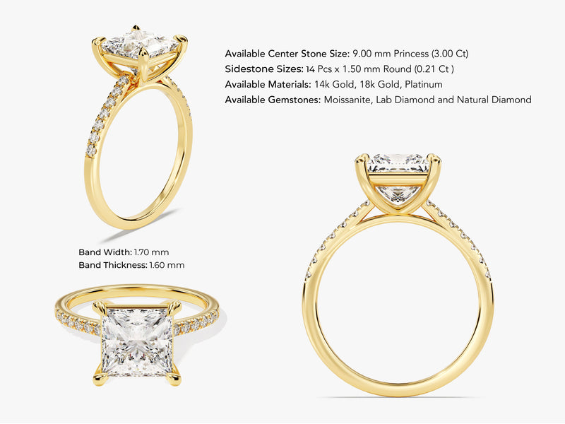 Princess Cut Moissanite Engagement Ring with Pave Set Side Stones (3.00 CT)