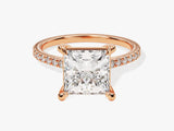 Princess cut diamond engagement ring in rose gold with pave band