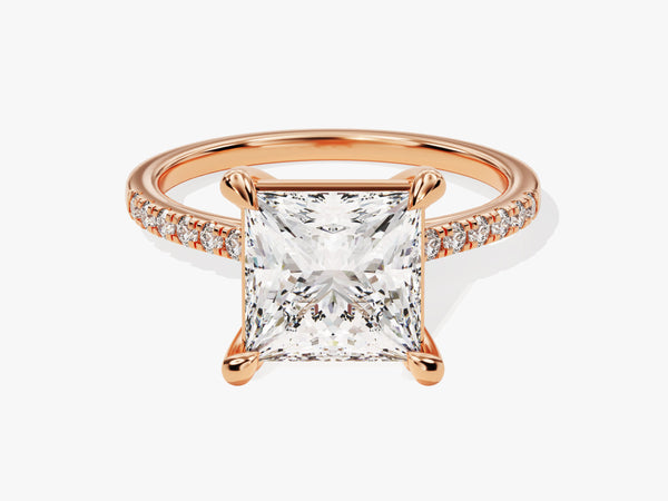 Princess cut diamond engagement ring in rose gold with pave band
