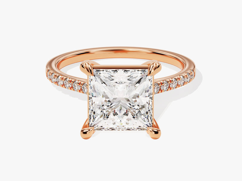 Princess cut diamond engagement ring in rose gold with pave band