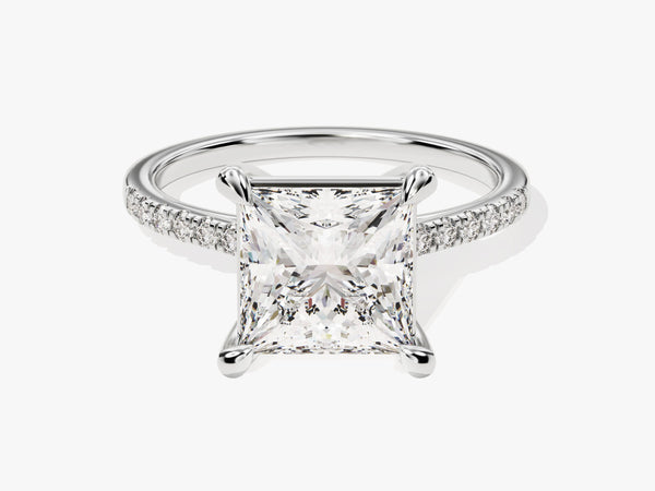 Princess cut diamond engagement ring with pave band