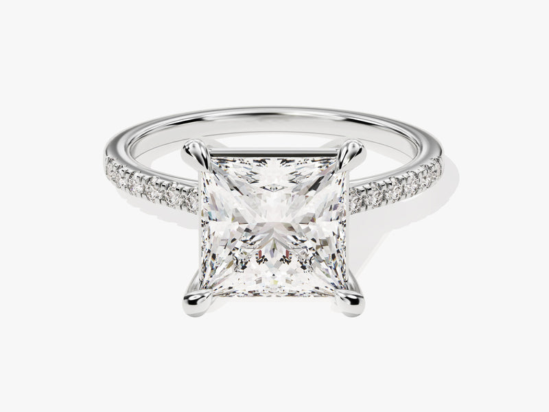 Princess cut diamond engagement ring with pave band