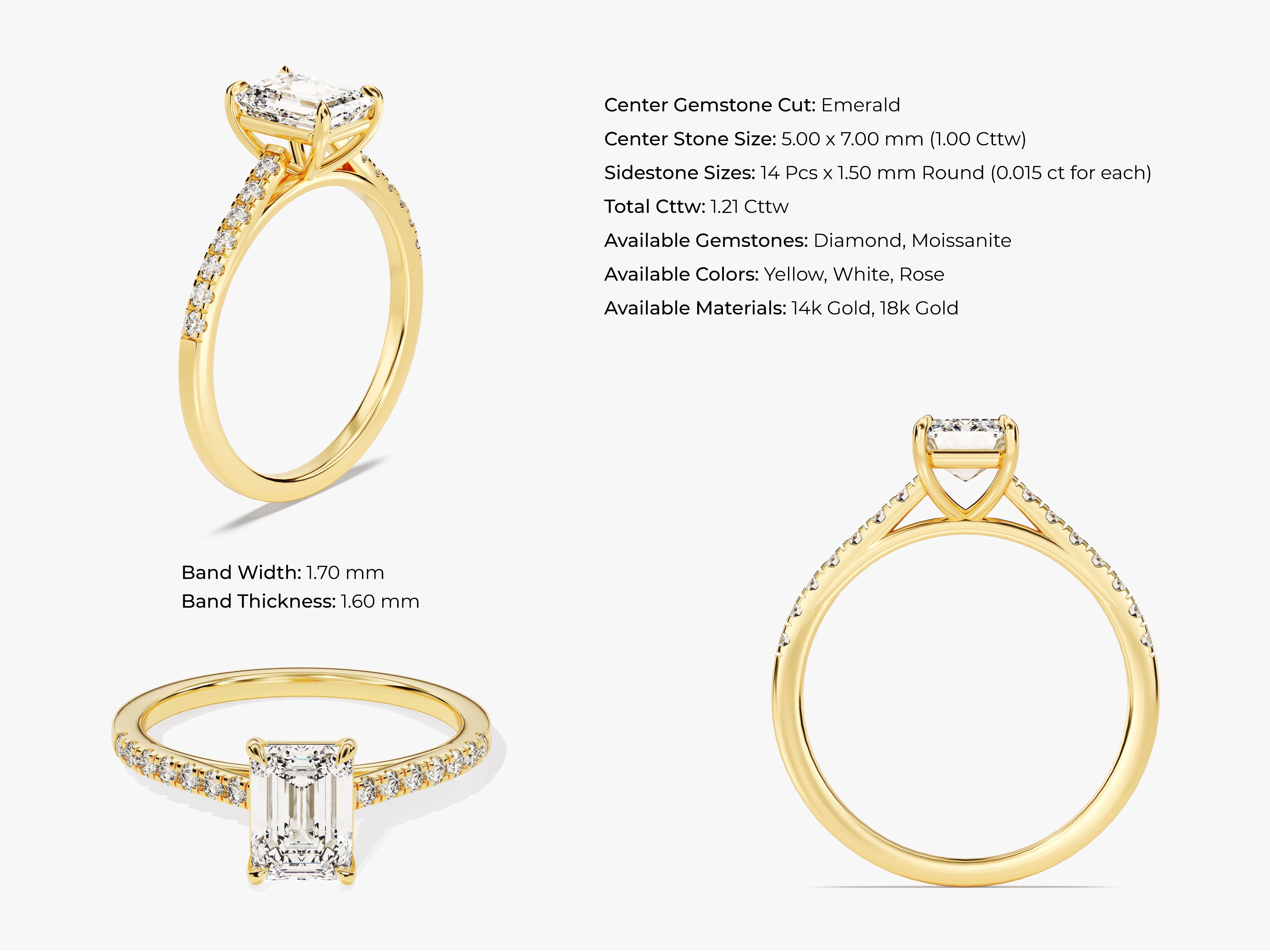 Emerald cut diamond ring in yellow gold with pavé band