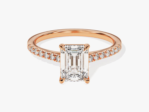 Emerald cut diamond engagement ring in rose gold with pave band