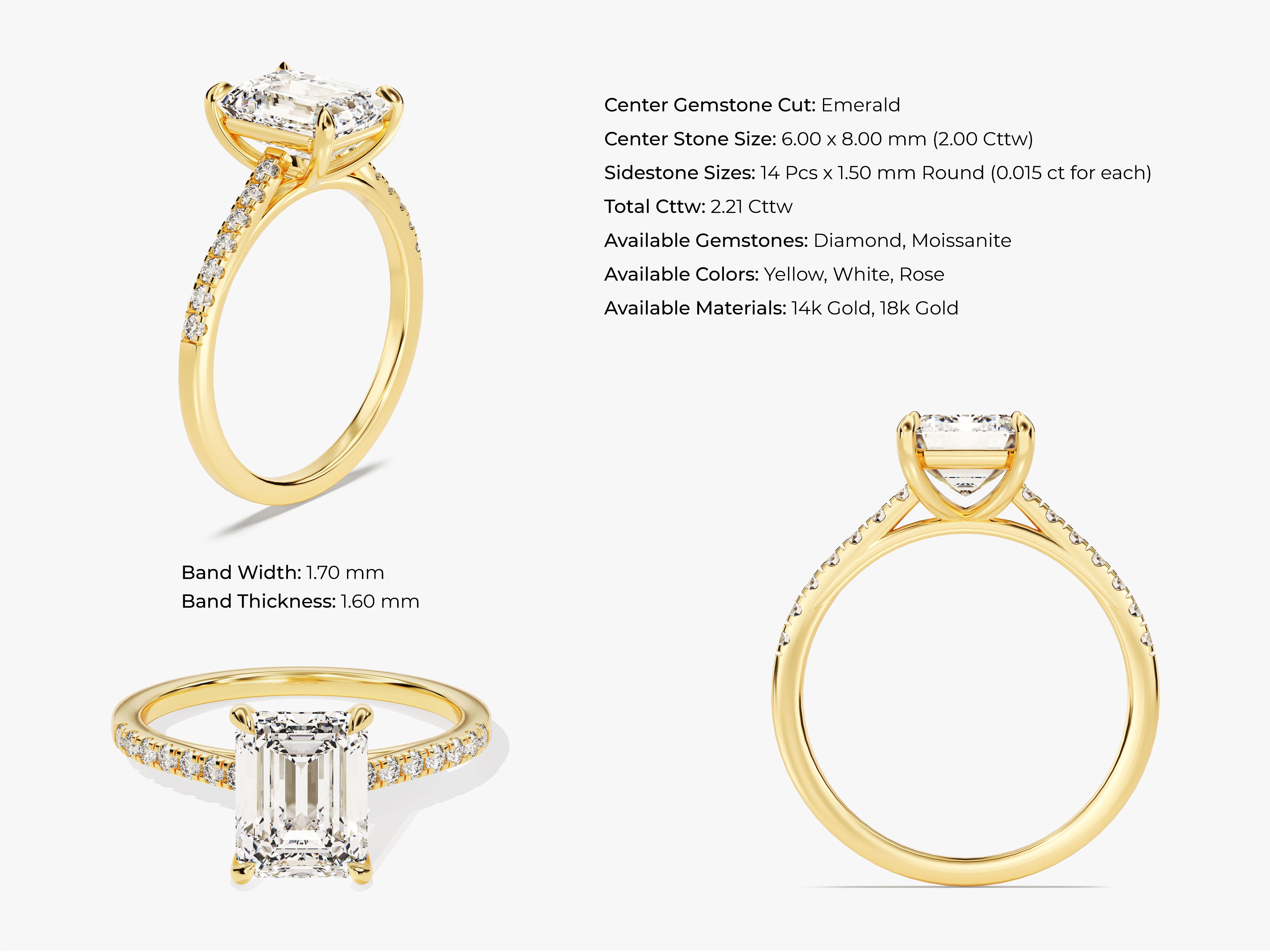 Emerald cut diamond ring, 14k gold, pavé band