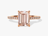 Emerald Cut Peach Morganite Engagement Ring with Sidestones