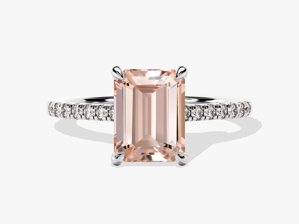 Emerald cut morganite ring with diamond band, fine jewelry