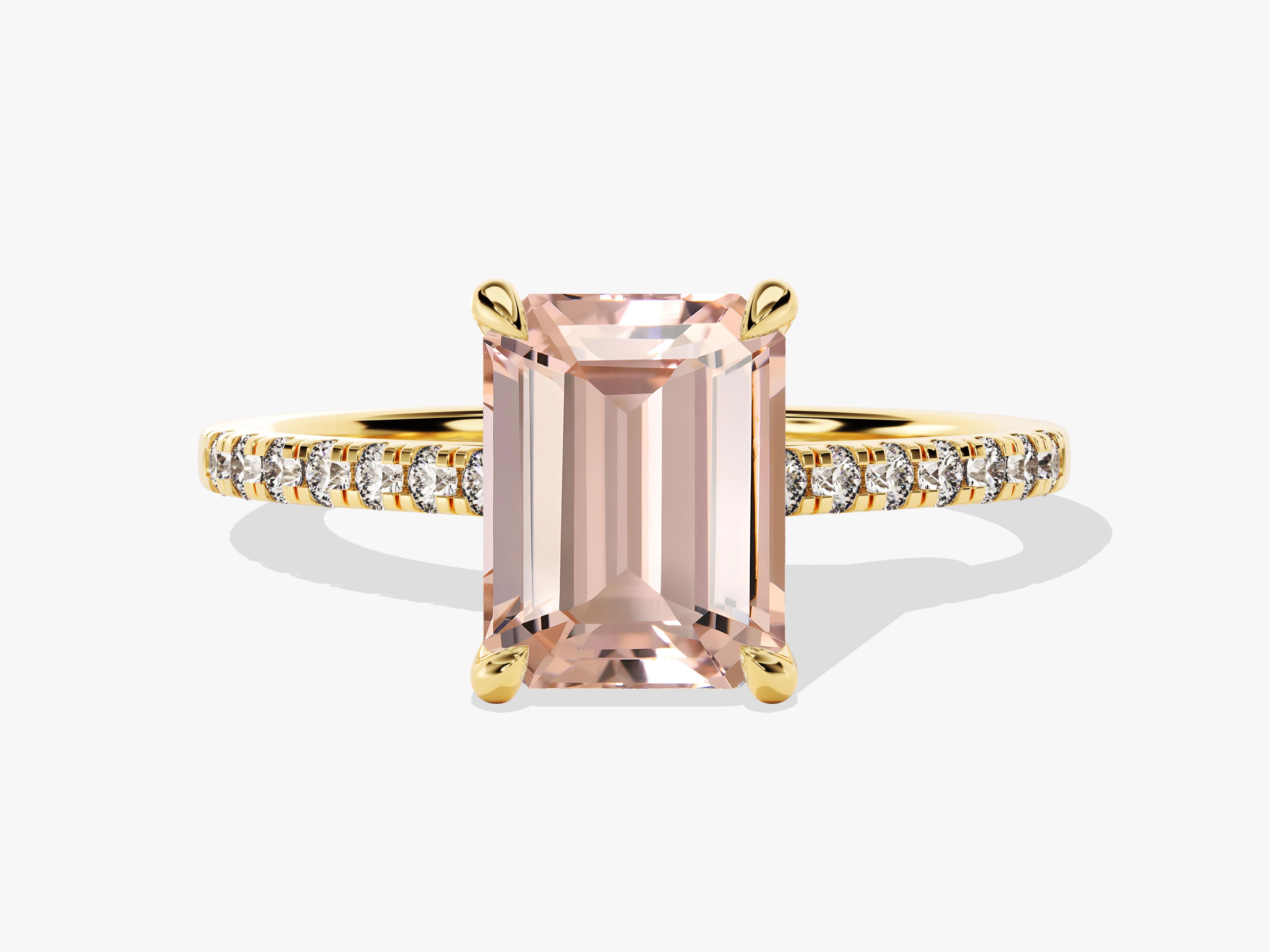 Emerald cut morganite ring with diamond band in yellow gold