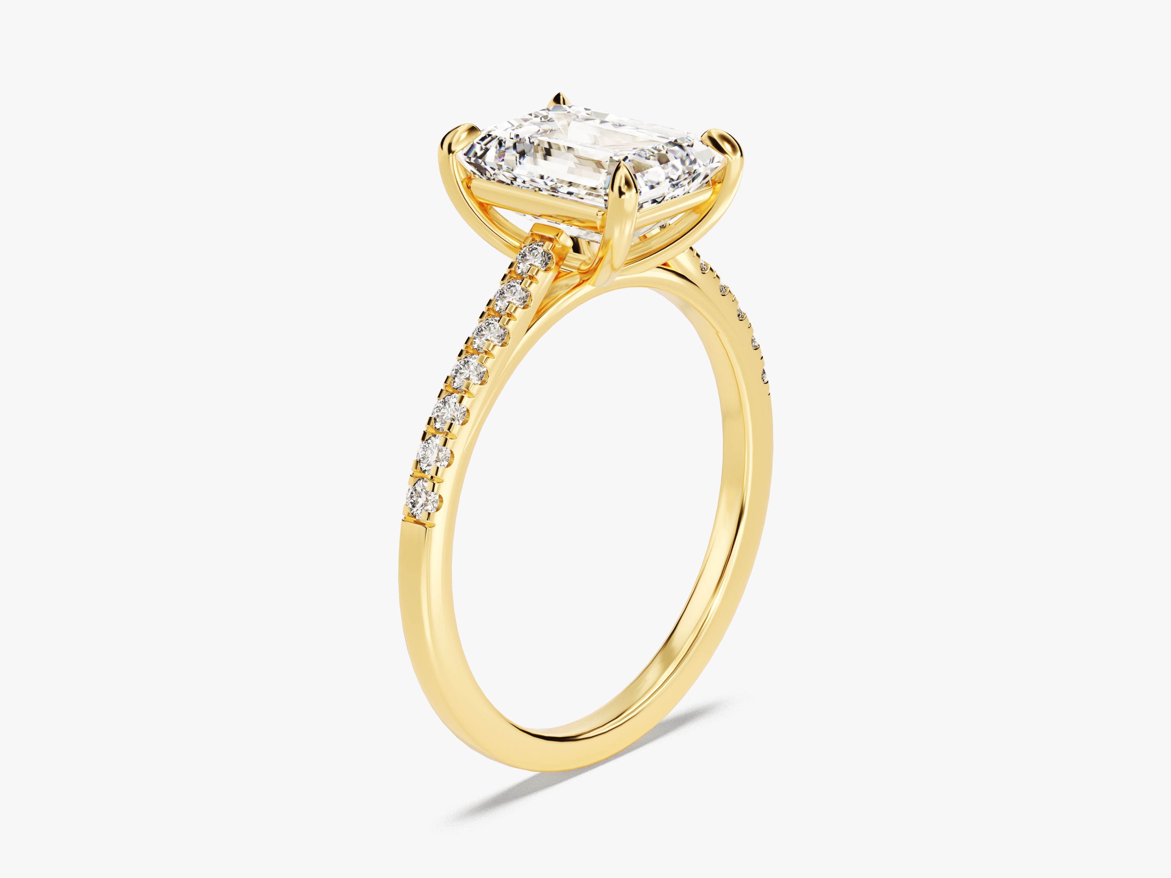 Emerald cut diamond ring with pave band, fine jewelry