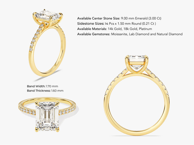 Emerald Cut Moissanite Engagement Ring with Pave Set Side Stones (3.00 CT)