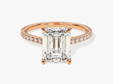 Emerald cut diamond ring with pave band in rose gold
