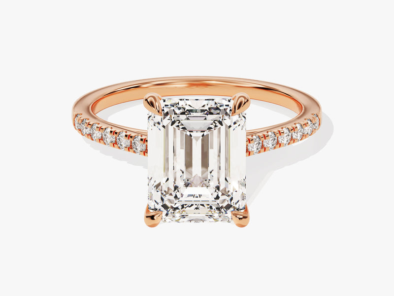 Emerald cut diamond ring with pave band in rose gold