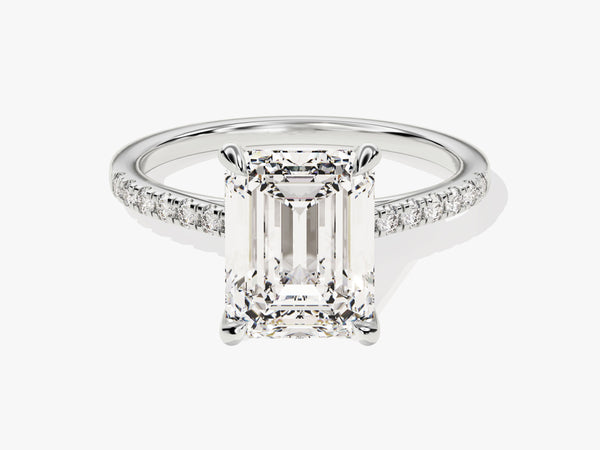 Emerald cut diamond ring with pave band, fine jewelry