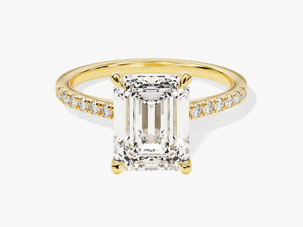 Emerald cut diamond ring with pave band, fine jewelry