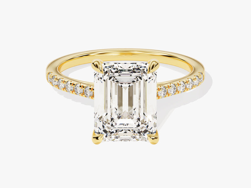 Emerald cut diamond ring with pave band, fine jewelry