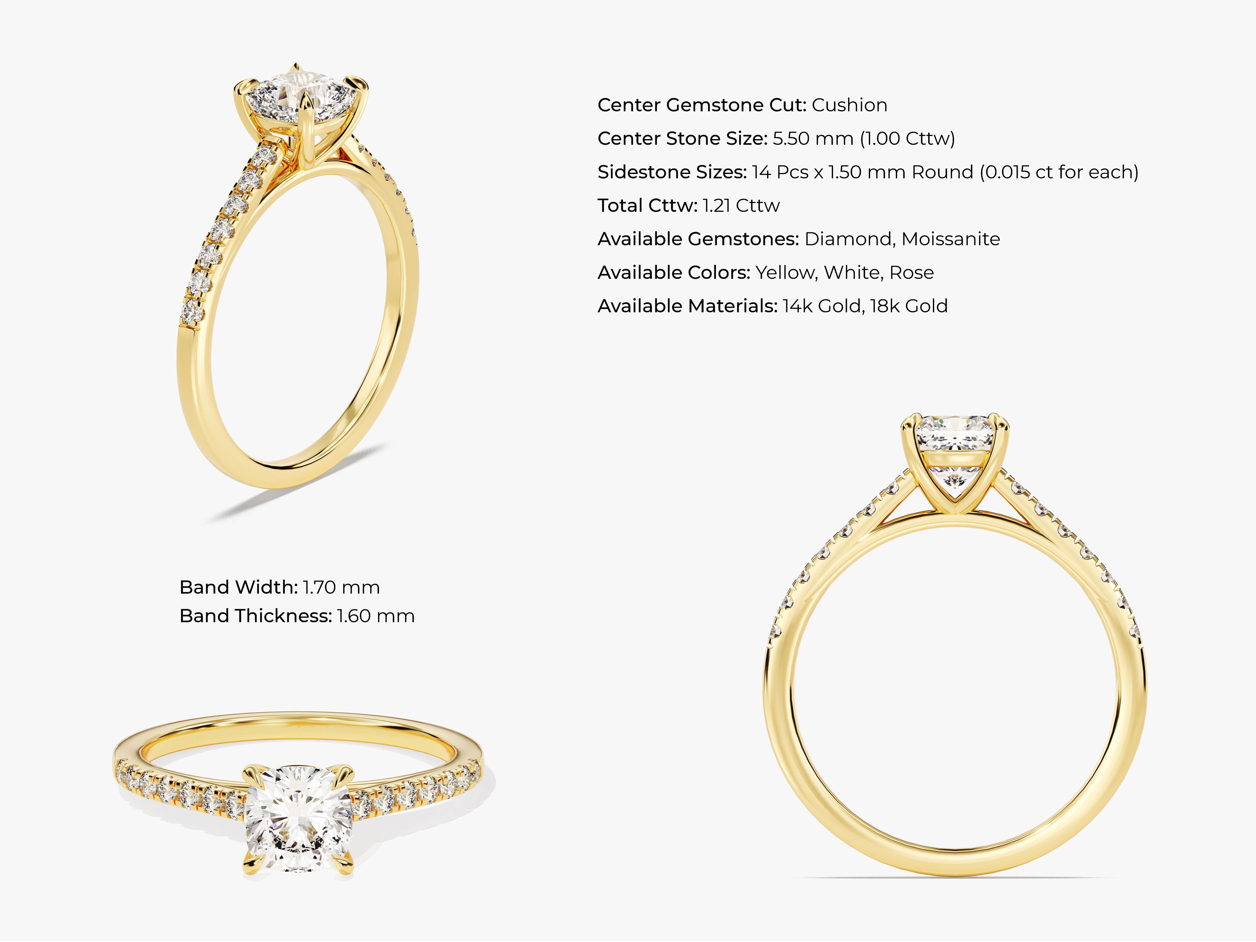 Gold engagement ring with cushion cut diamond and side stones