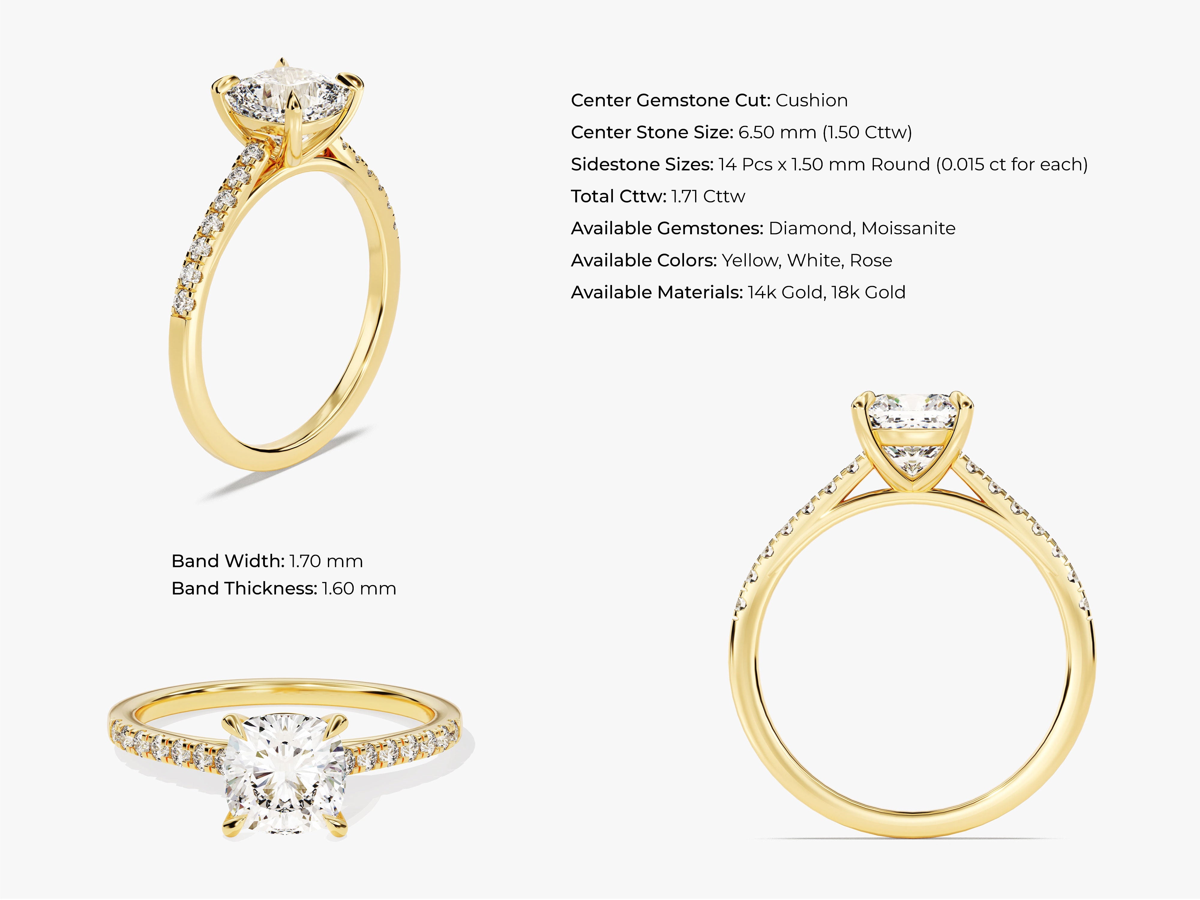 Gold ring with cushion cut diamond and side stones