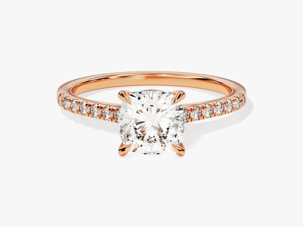 Rose gold diamond engagement ring with cushion cut center stone